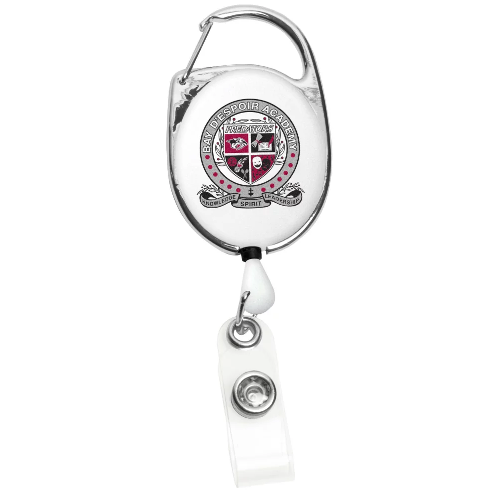 Badge rétractable de style mousqueton de 30" avec impression en 4 couleurs et clip métallique.