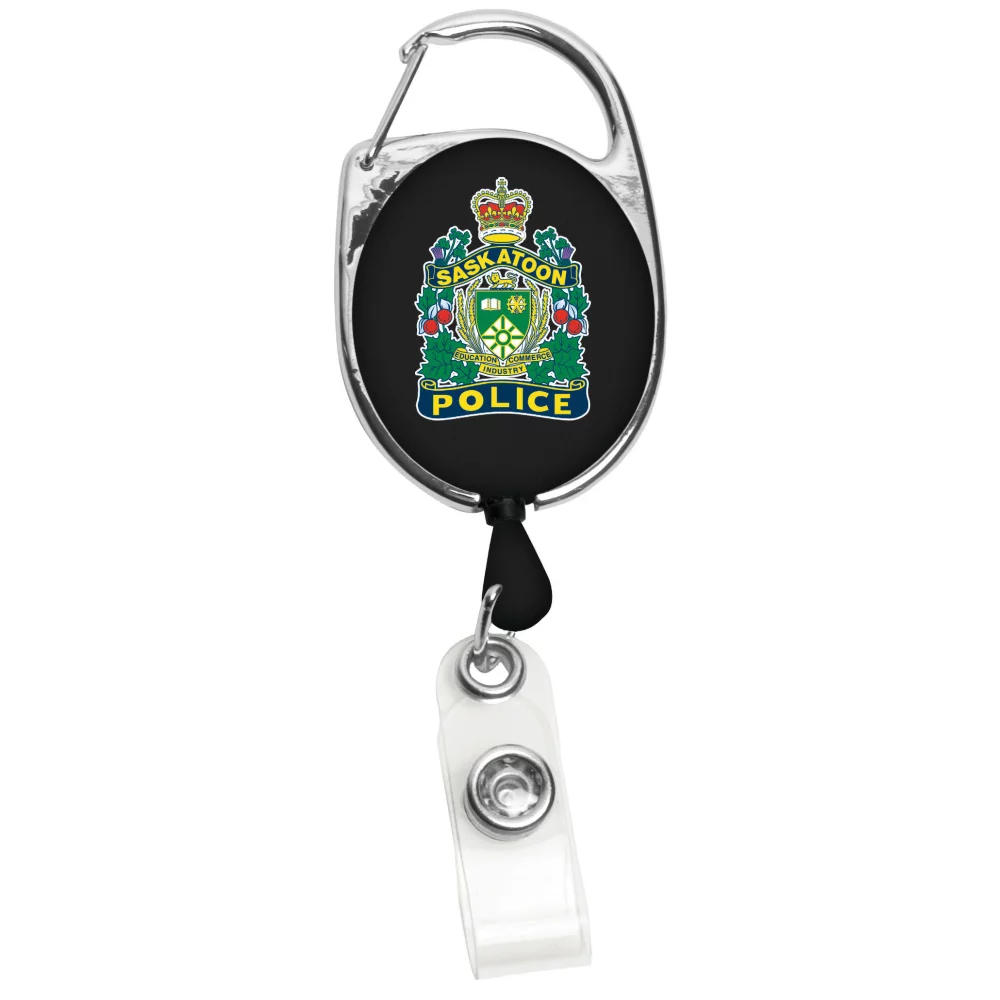 Badge rétractable de style mousqueton de 30" avec impression en 4 couleurs et clip métallique.