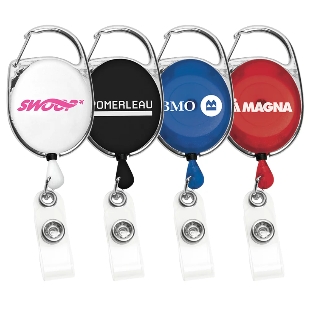 Badge rétractable de style mousqueton de 30" (1 3/8"x2") avec clip métallique.