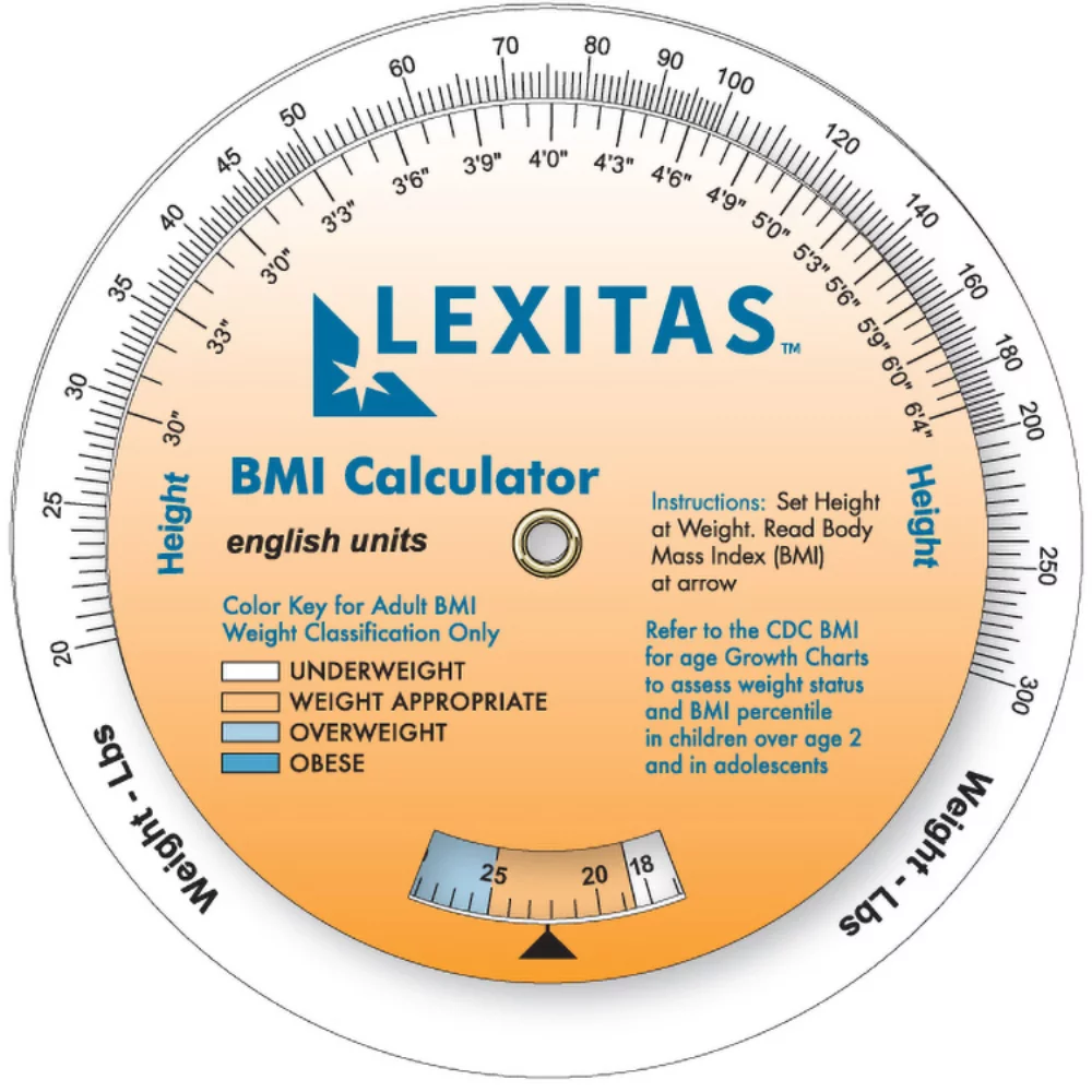 Calculateur d'indice de masse corporelle à 3 roues (20-300 lb/9-136 kg), en couleur intégrale