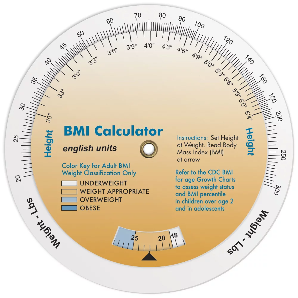 Calculateur d'indice de masse corporelle à 3 roues (20-300 lb/9-136 kg), en couleur intégrale