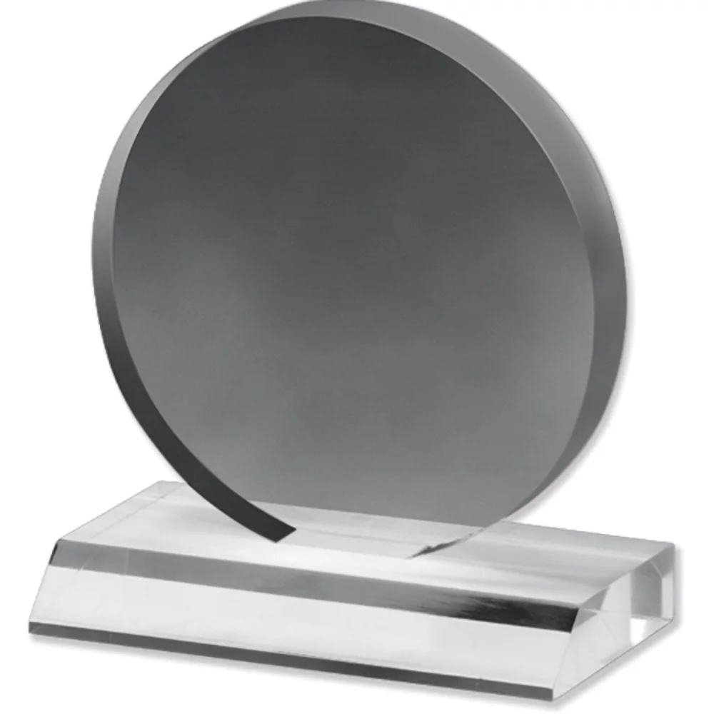 Prix en acrylique en forme de cercle clair (5" x 5 1/2" x 3/4") avec image photo en couleur intégrale.