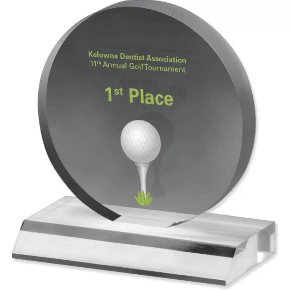 Prix en acrylique en forme de cercle clair (5" x 5 1/2" x 3/4") avec image photo en couleur intégrale.