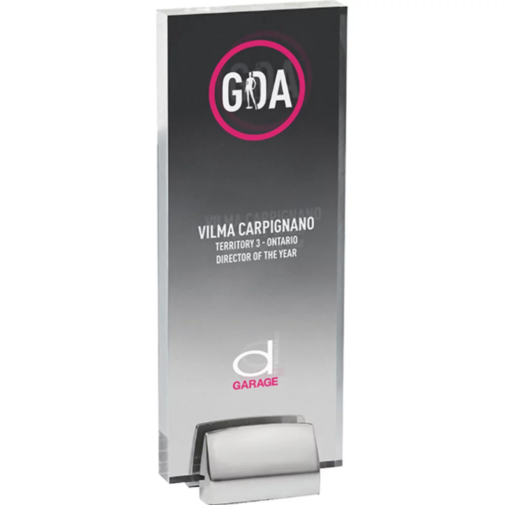 Prix en acrylique transparent grand avec base en chrome (3 1/2"x 9"x 3/4") couleur spot imprimée à l'écran