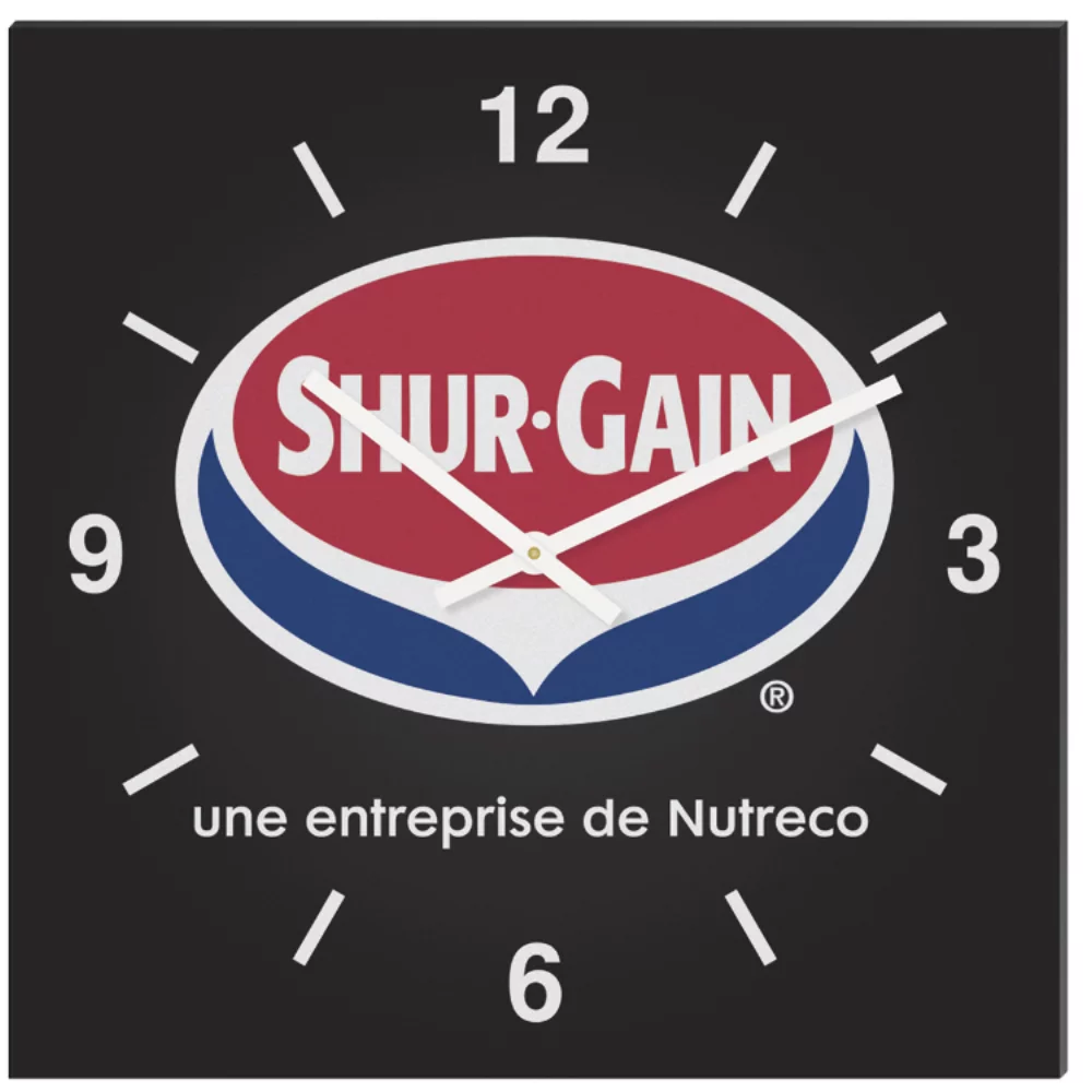 Horloge carrée en acrylique noir (11 3/4" x 11 3/4") Impression en couleur intégrale