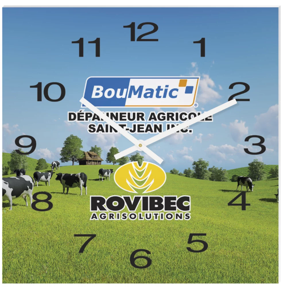 Horloge carrée en acrylique blanc (11 3/4" x 11 3/4") Impression couleur intégrale