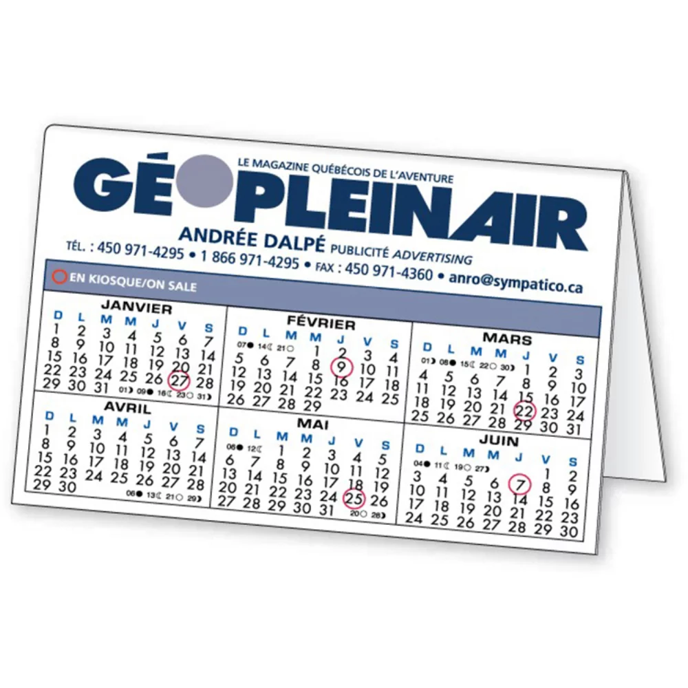 Calendrier de tente en plastique plié .030 en styrène (taille pliée 3,875" x 5,875") Sérigraphié