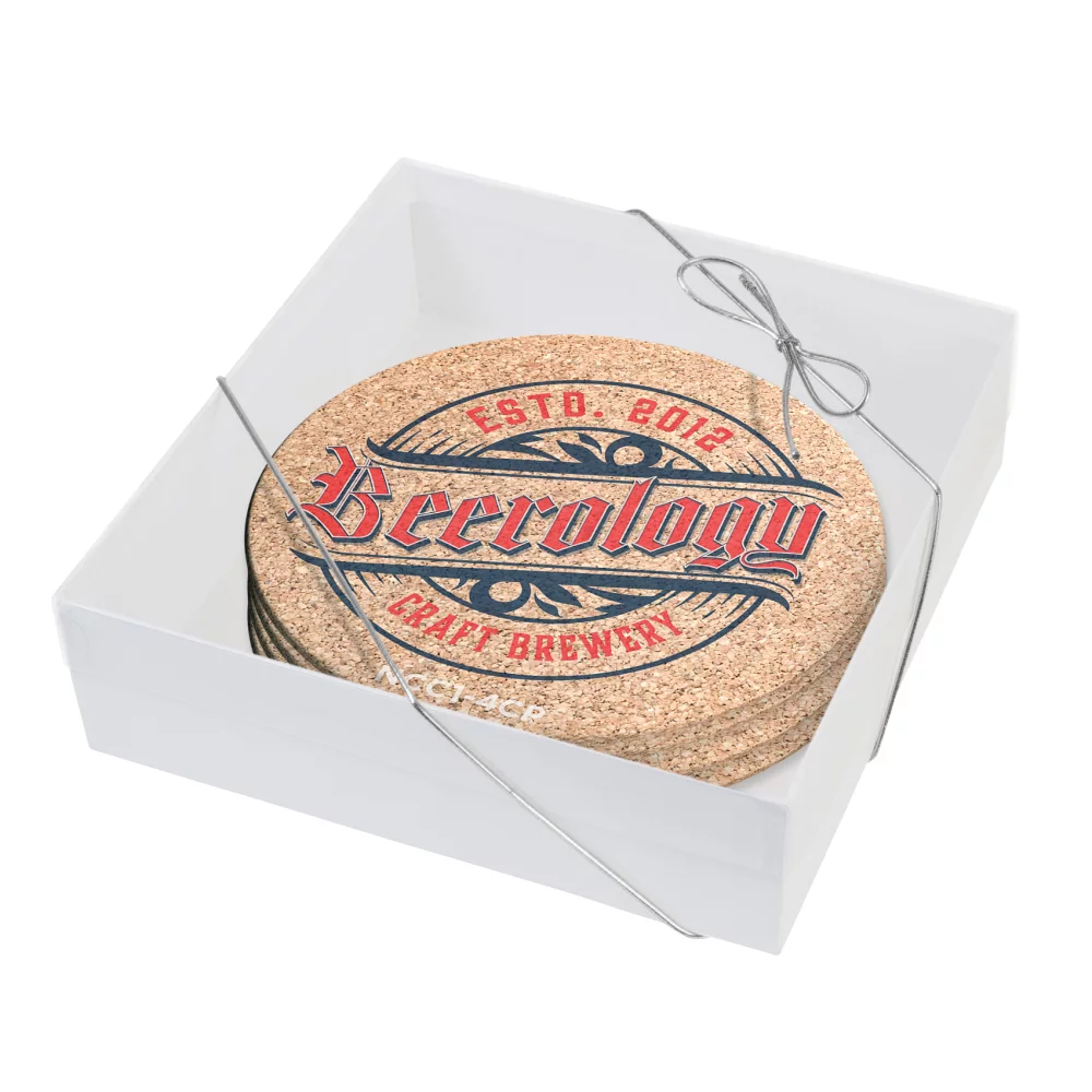 Ensemble de 4 dessous de verre en liège naturel 3/16" (3,5" de diamètre) Impression en couleur intégrale Boîte cadeau