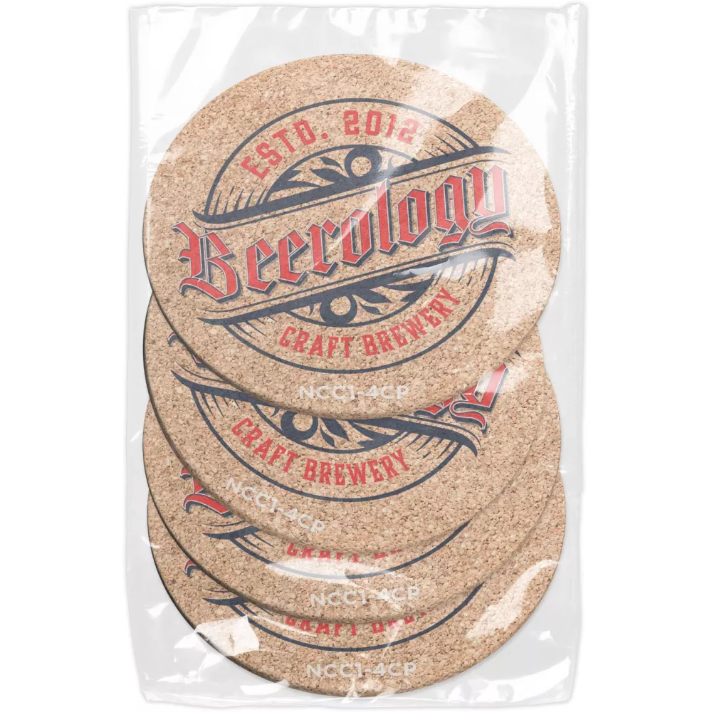 Ensemble de 4 dessous de verre en liège naturel 3/16" (3,5" de diamètre) Impression couleur complète sous sachet en polyéthylène.