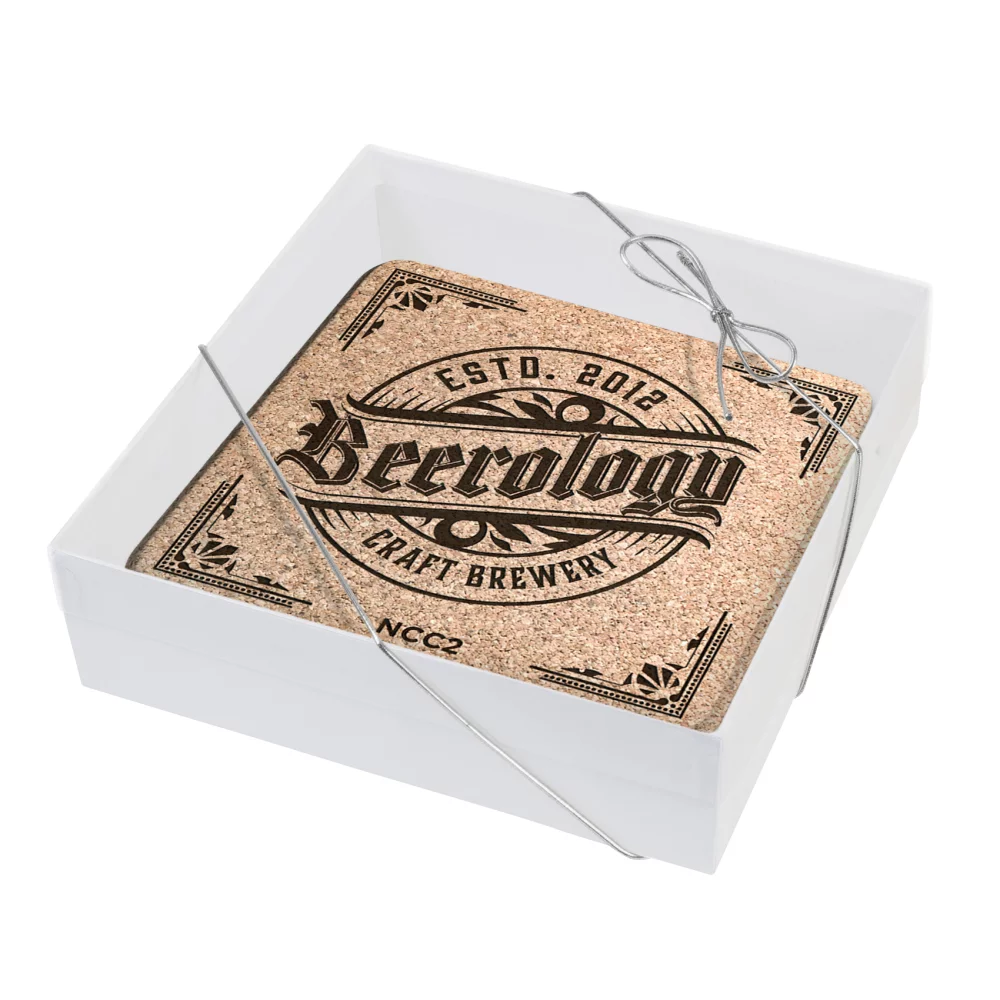 Set of 4 Natural Cork Coasters 3/16" thick, Square (3.5" x 3.5"), Laser engraved Gift Boxed