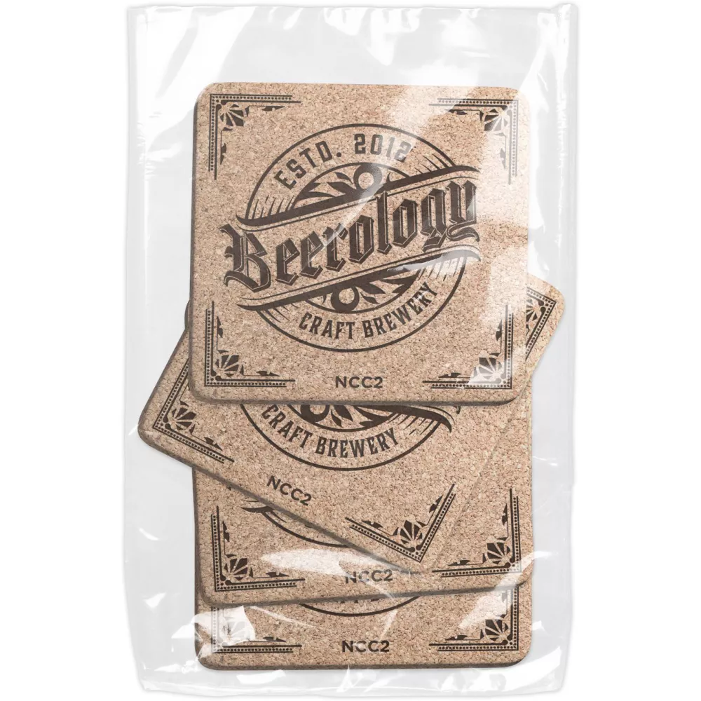 Set of 4 Natural Cork Coasters 3/16" thick, Square (3.5" x 3.5"), Laser engraved Polybagged
