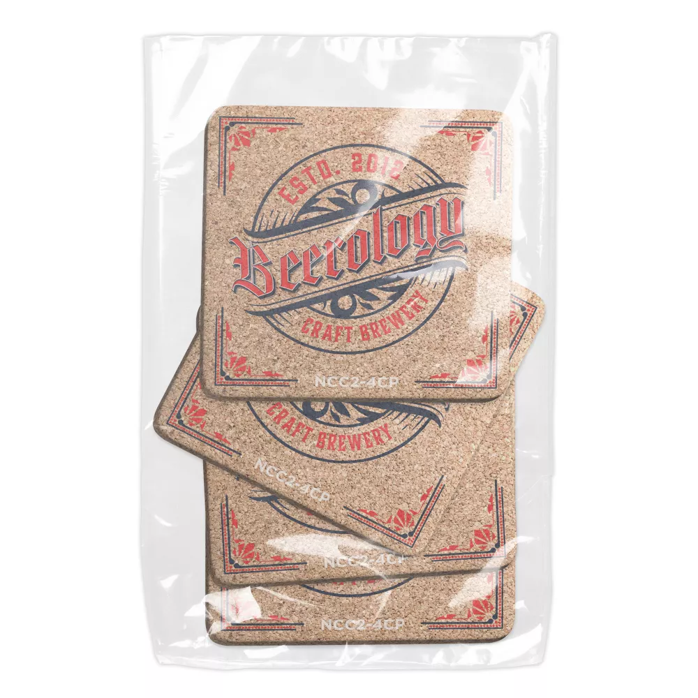 Set of 4 Natural Cork Coasters 3/16" thick, Square (3.5" x 3.5"), Full Colour Imprint Polybagged
