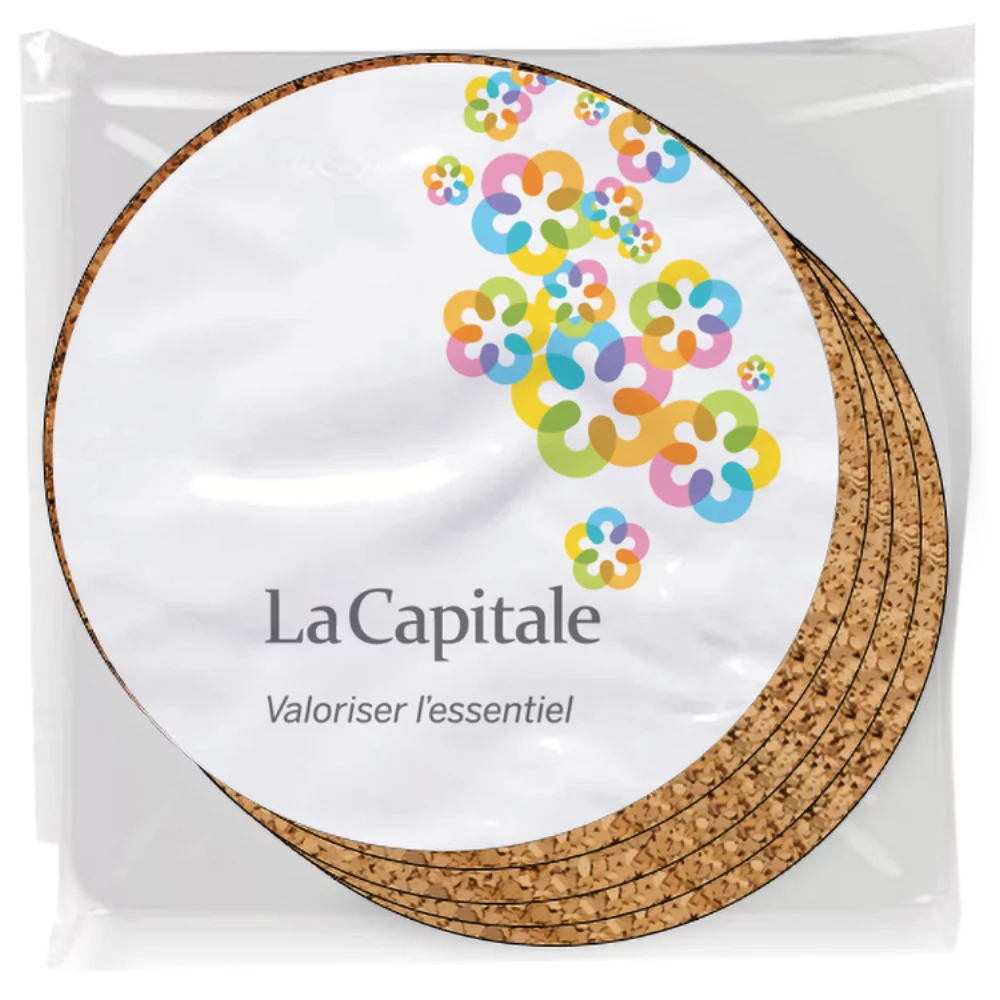 Set of 4 Premium Coasters .100 Gloss Copolyester Top & 1/16" cork base Round Full Colour Imprint
