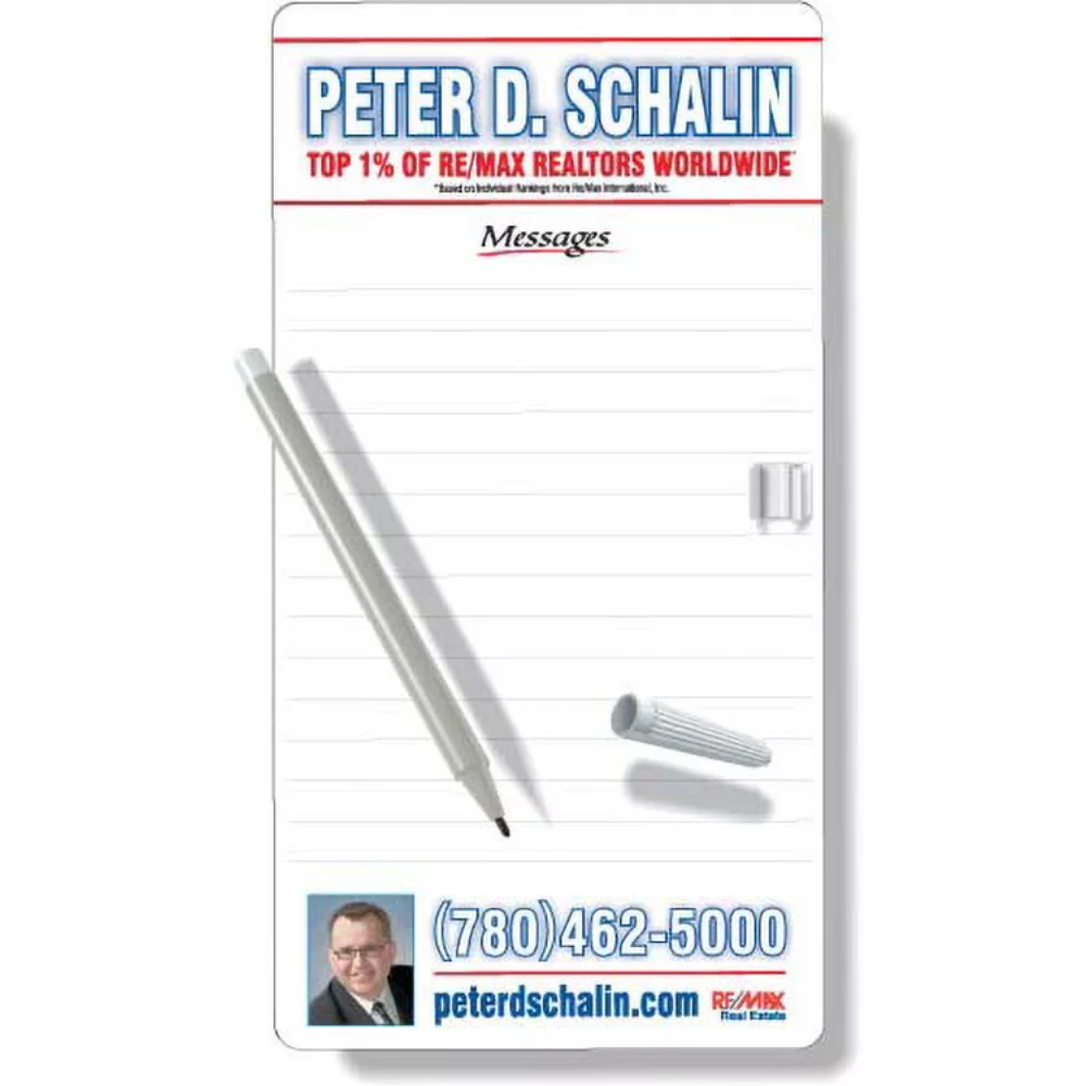 Kits de tableau mémo magnétique en plastique premium, forme rectangulaire 5,38"x10,25", couleur complète, stylo et pince.