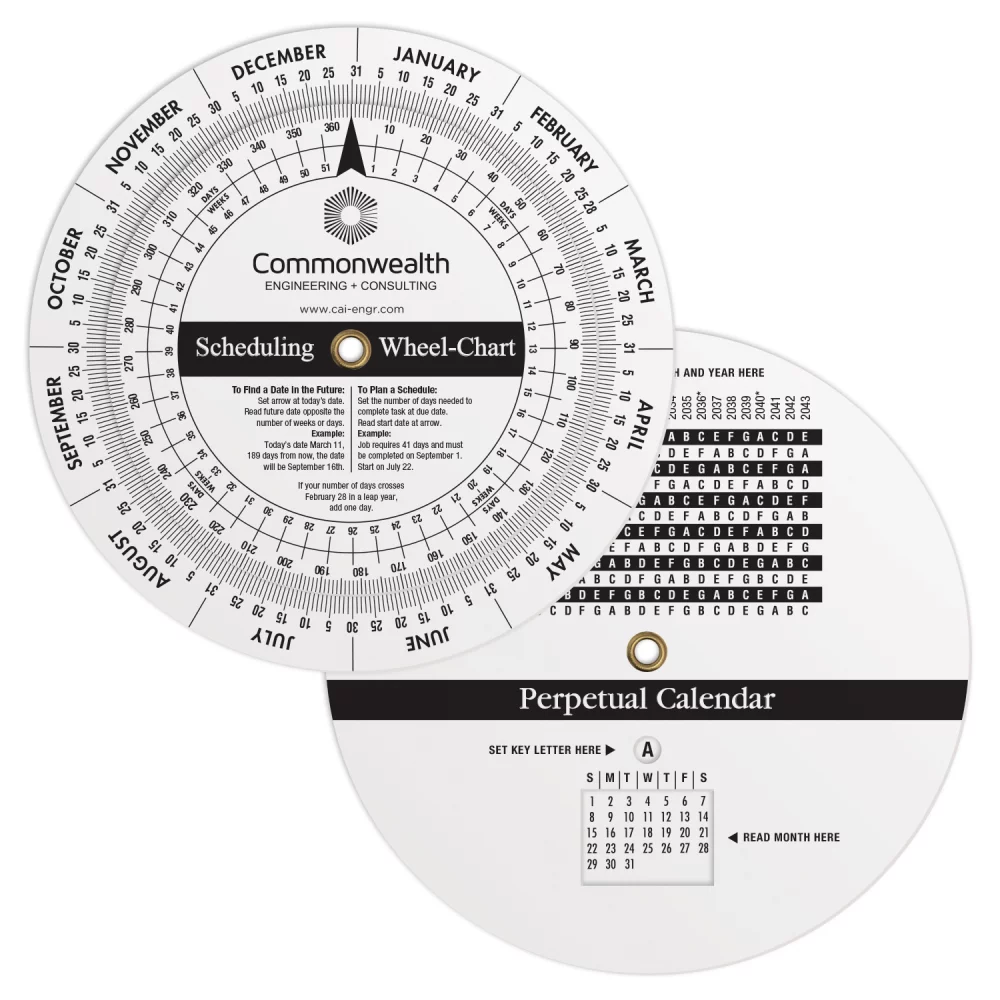Calculatrice à roue en plastique blanc 0,020 Calendrier perpétuel et planification (4,25" de diamètre) Impression en couleur unie