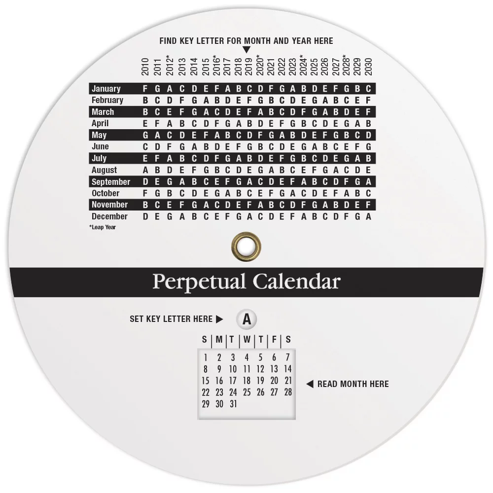 Calculatrice à roue en plastique blanc 0,020 Calendrier perpétuel et planification (4,25" de diamètre) Impression en couleur unie