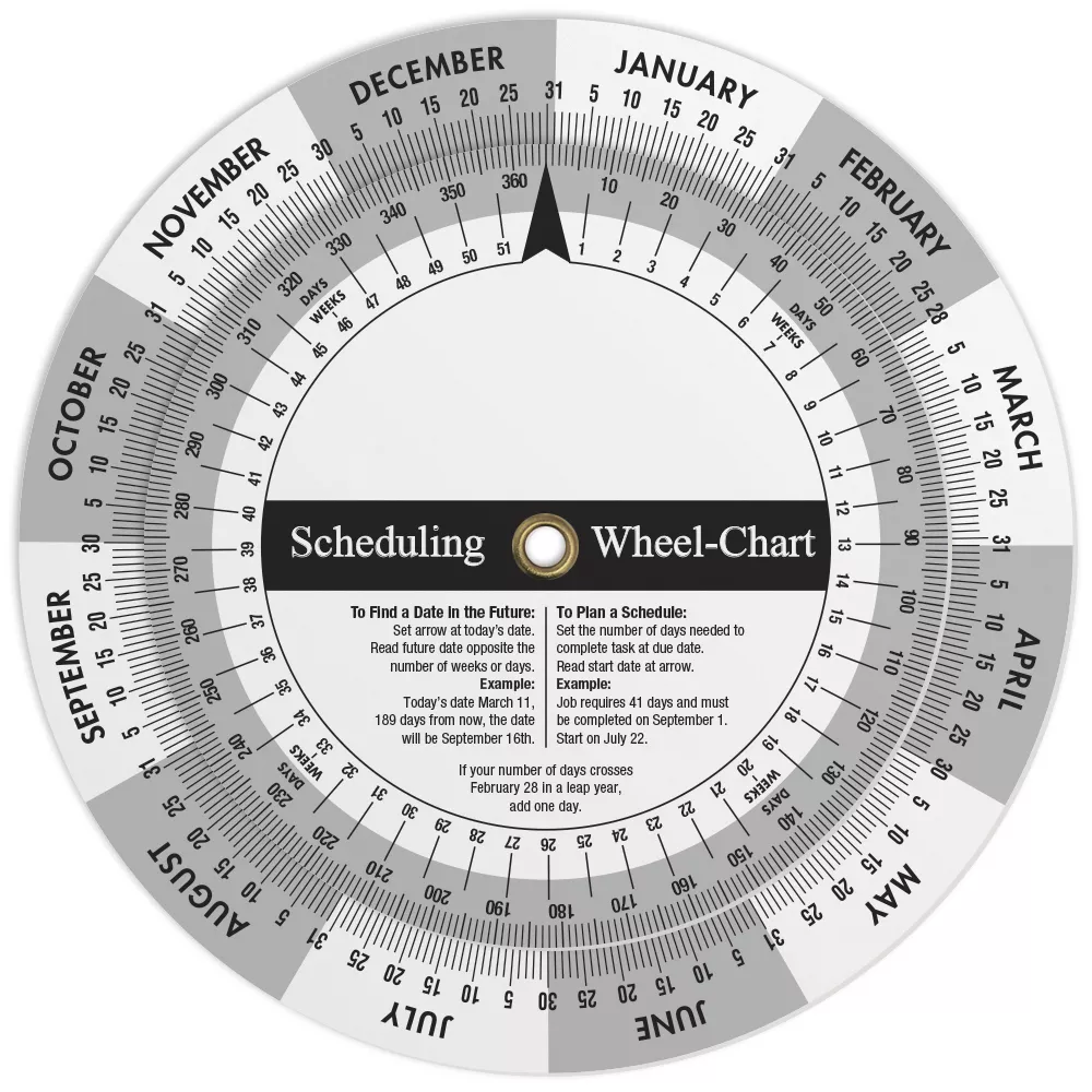 .020 White Plastic Wheel Calculator Perpetual Calendar & Scheduling (4.25" dia.) Full Colour Imprint