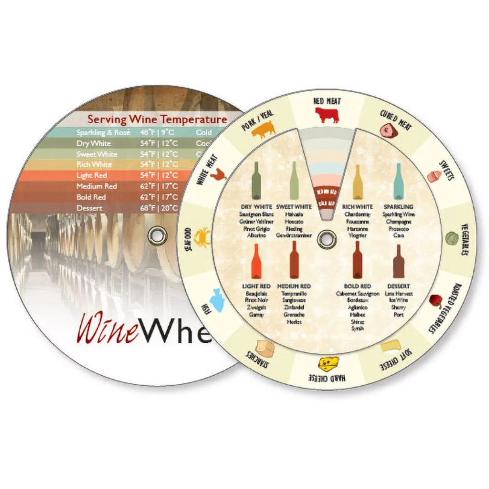 Vinyle blanc 2 roues pour accorder vin et nourriture (4,25" de diamètre) Impression couleur pleine sur le devant, noir à l'arrière.
