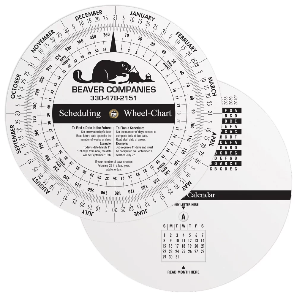 Calculatrice à roue en plastique blanc .020 / Calendrier perpétuel et planification (6" de diamètre) Impression en couleur unie