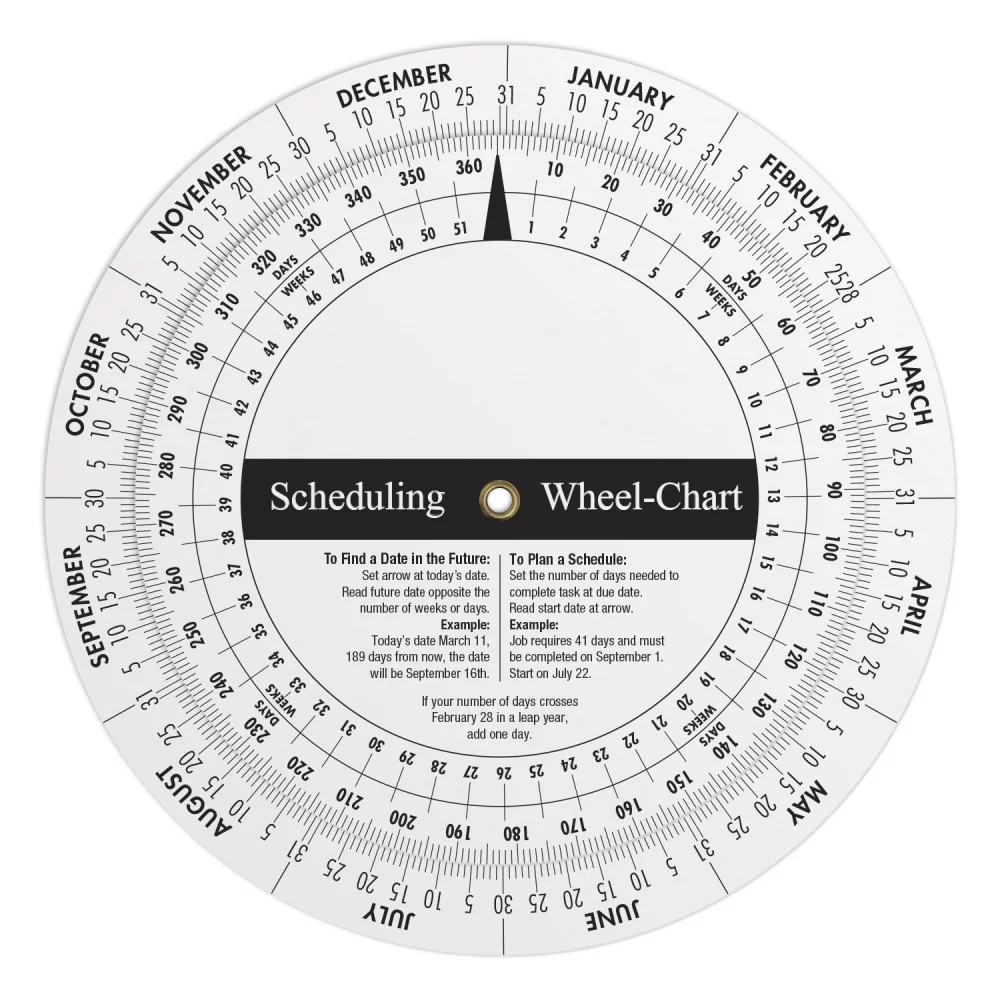 Calculatrice à roue en plastique blanc .020 / Calendrier perpétuel et planification (6" de diamètre) Impression en couleur unie