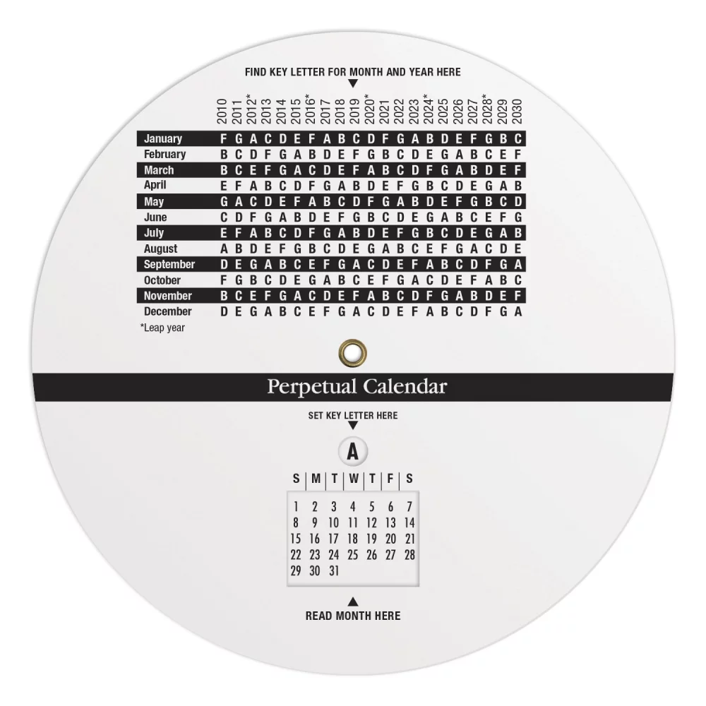 Calculatrice à roue en plastique blanc .020 / Calendrier perpétuel et planification (6" de diamètre) Impression en couleur unie