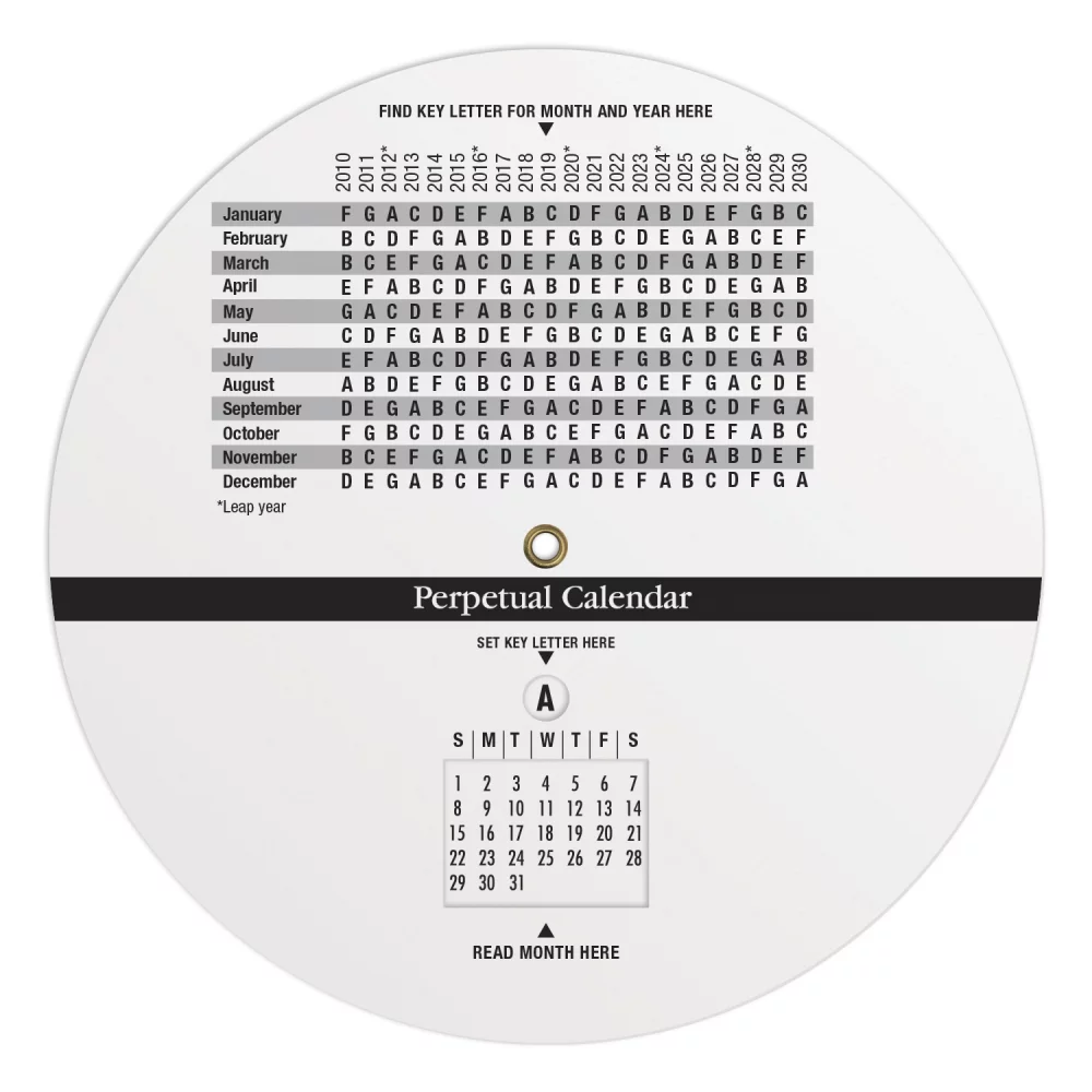 Calculatrice à roue en plastique blanc de .020 / Calendrier perpétuel et planification (6" de diamètre) Impression en couleur complète