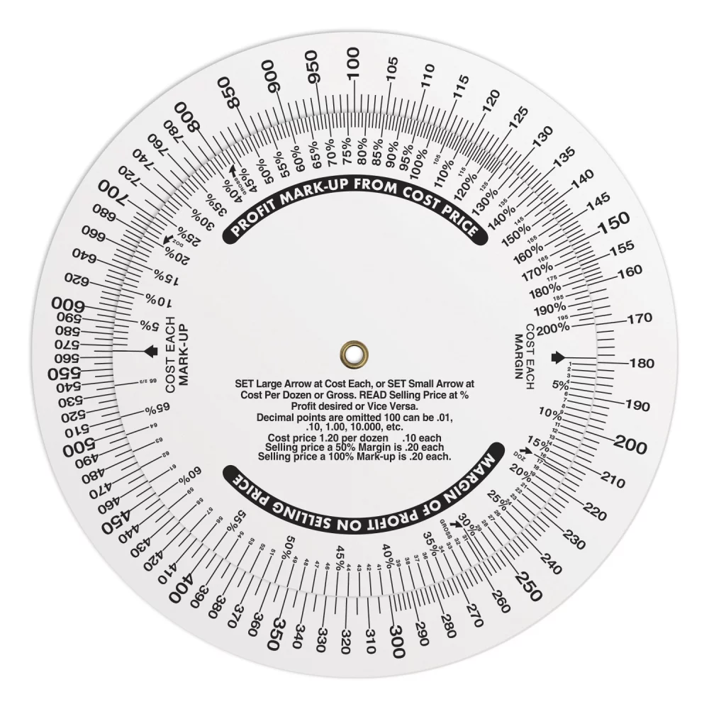 .020 White Plastic Profit Markup Wheel Calculator (6" dia.), Full Colour