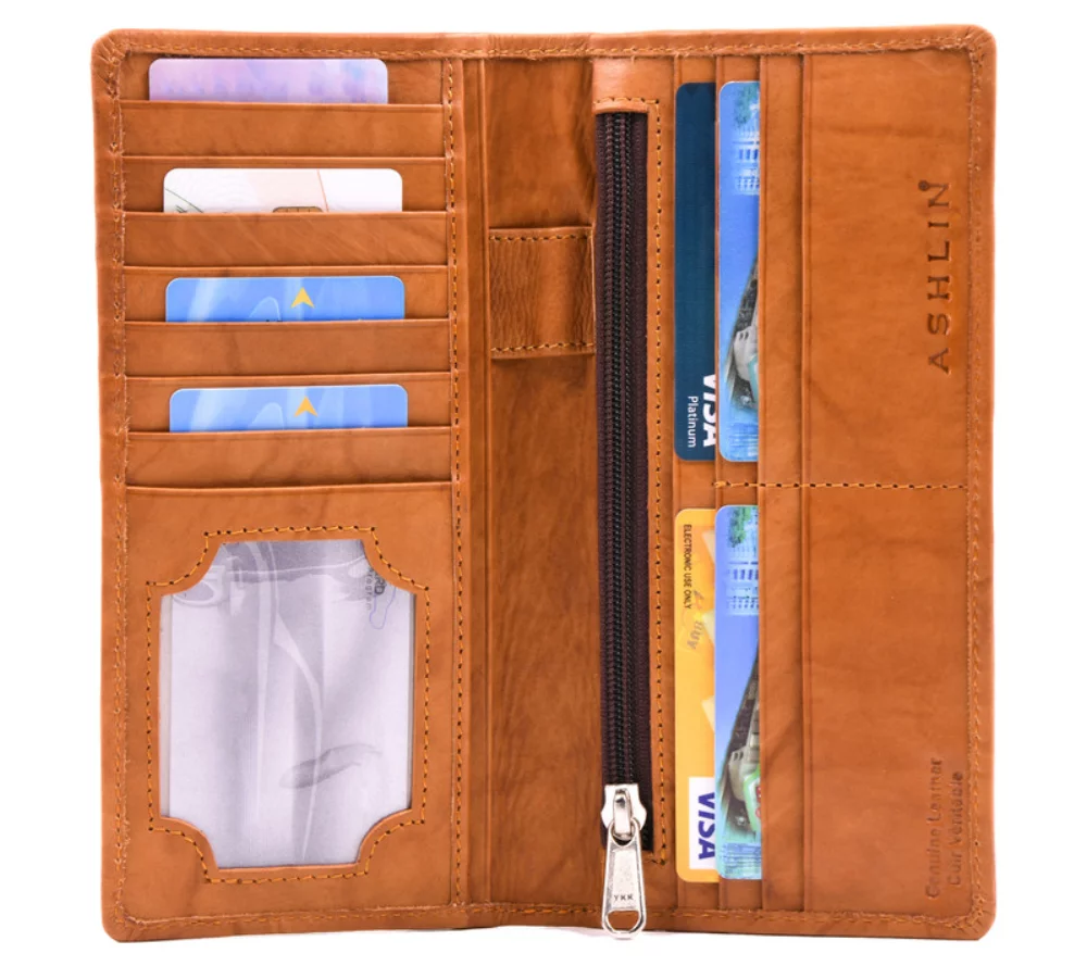 Portefeuille Ashlin® Designer Aidan British Tan Slim avec 12 poches pour cartes