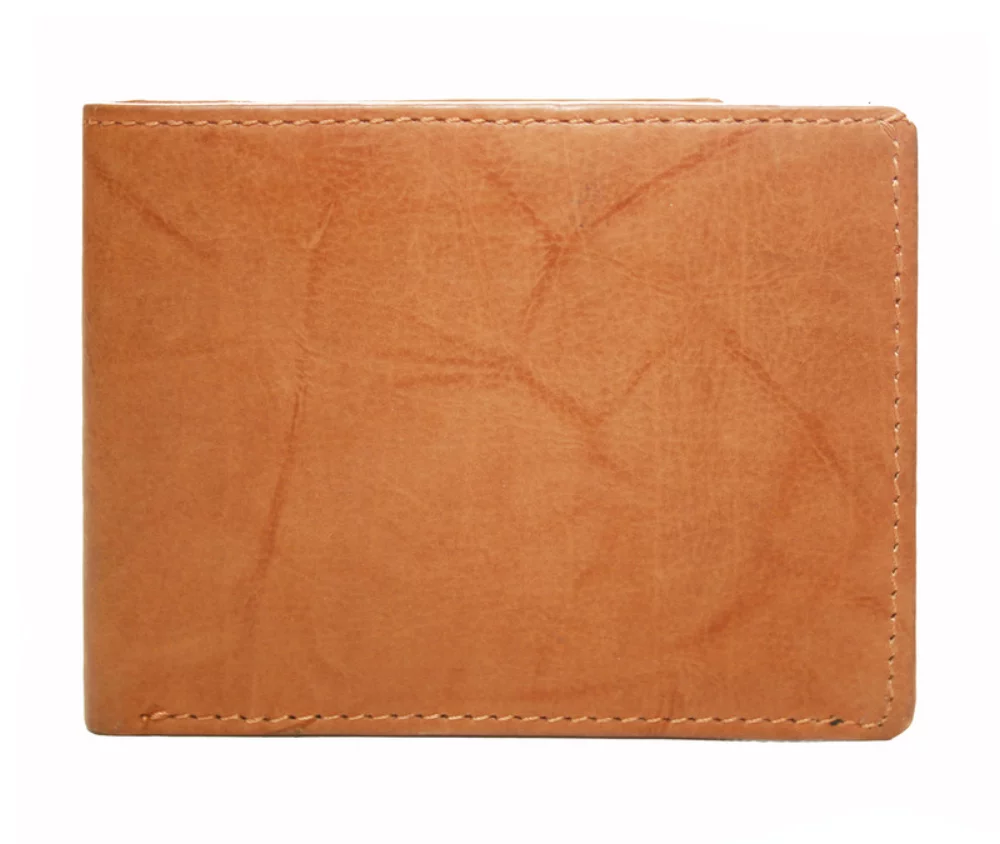 Portefeuille slim bi-fold Alvin en cuir de vachette grainé couleur British Tan pour homme de la marque Ashlin®.
