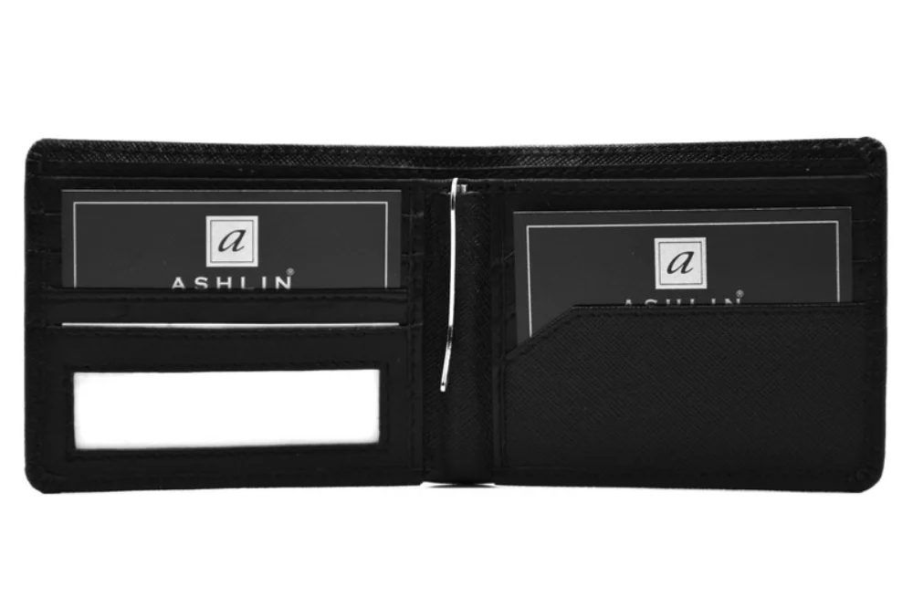 Portefeuille à pince à billets Ashlin Designer® pour homme en noir minuit avec 6 poches pour cartes.