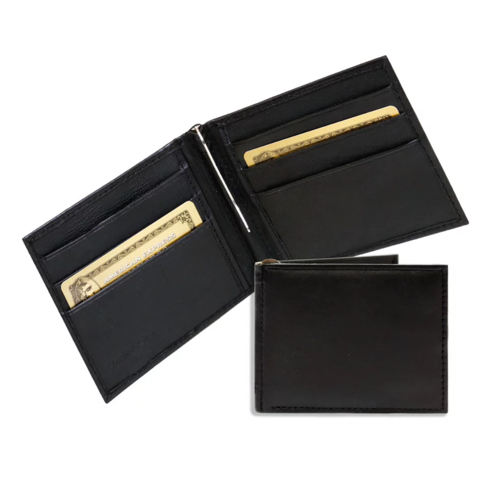 Portefeuille bi-pli en noir minuit Ashlin® Designer Ansari avec clip pour billets et 6 poches pour cartes de crédit.
