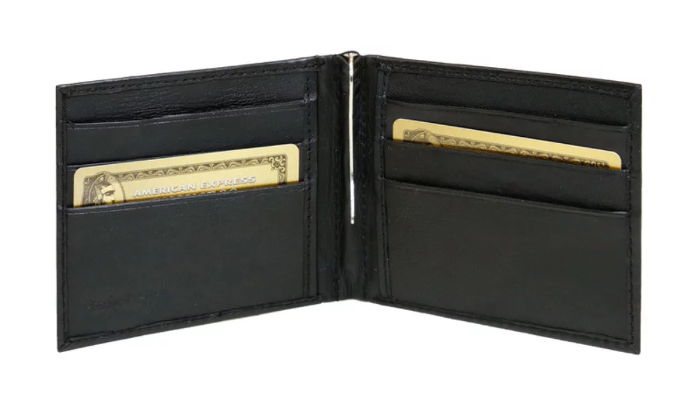 Portefeuille bi-pli en noir minuit Ashlin® Designer Ansari avec clip pour billets et 6 poches pour cartes de crédit.