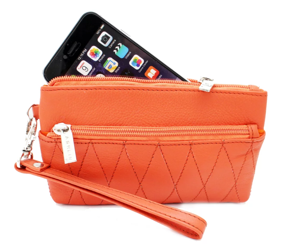 Pochette de poignet et trousse de toilette Ashlin® Ladies Elaine en orange tangerine, petite taille, avec finition matelassée.