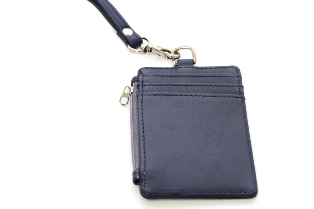 Porte-badge Ashlin® Designer bleu marine Aulora avec fermeture éclair et lanière