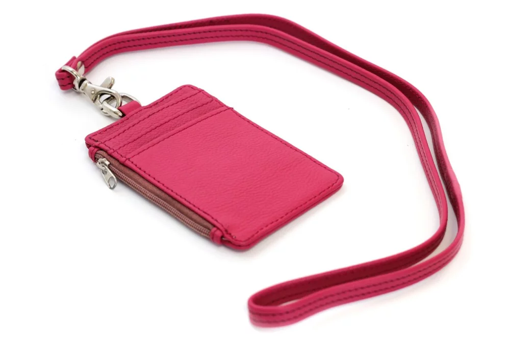 Ashlin® Designer Fuchsia Pink Aulora Pebbled Cowhide Zippered I.D. Holder w/Lanyard