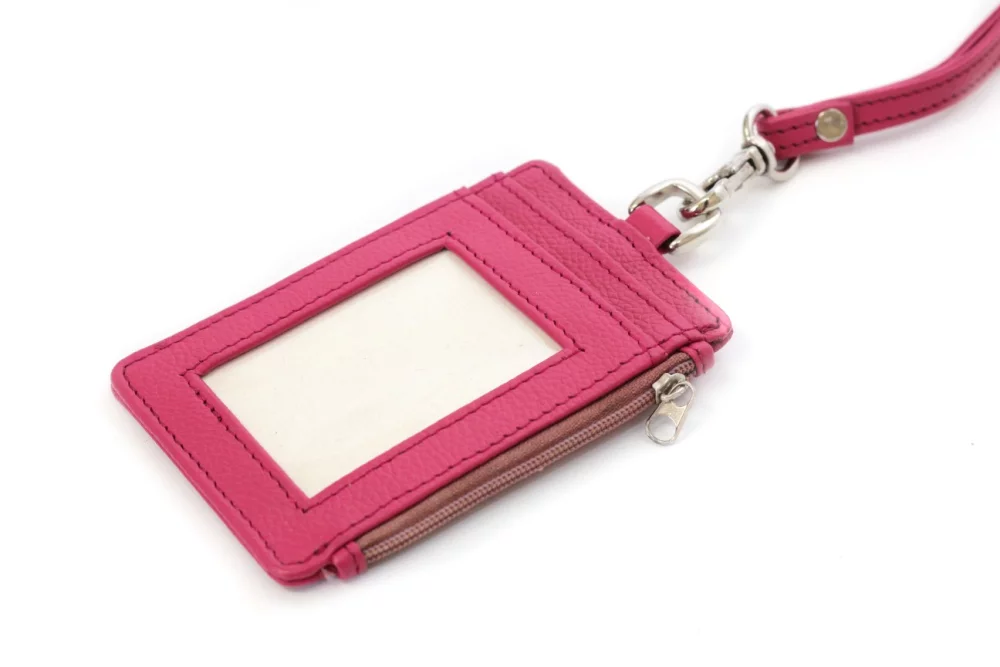Ashlin® Designer Fuchsia Pink Aulora Pebbled Cowhide Zippered I.D. Holder w/Lanyard