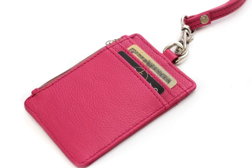 Ashlin® Designer Fuchsia Pink Aulora Pebbled Cowhide Zippered I.D. Holder w/Lanyard