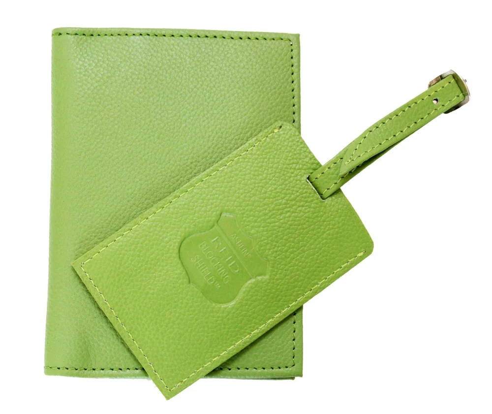 Portefeuille de passeport et étiquette de bagage Ashlin® Designer Oklahoma Lime Green avec blocage RFID