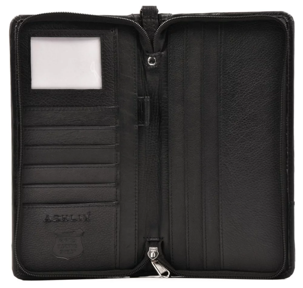 Portefeuille de voyage en cuir de Toscane zippé avec blocage RFID Ashlin® Designer Monaco