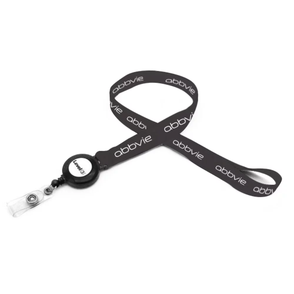 Lanière plate sérigraphiée avec enrouleur de badge cousu.